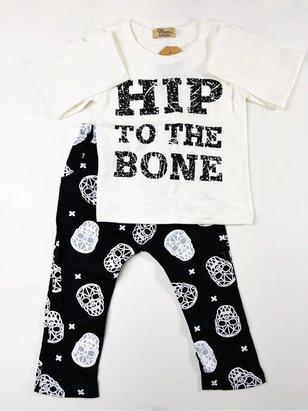Catpapa 2-pc White “Hip 2 The Bone” Top & Black Geometric Skull Pants Set Sz 24m